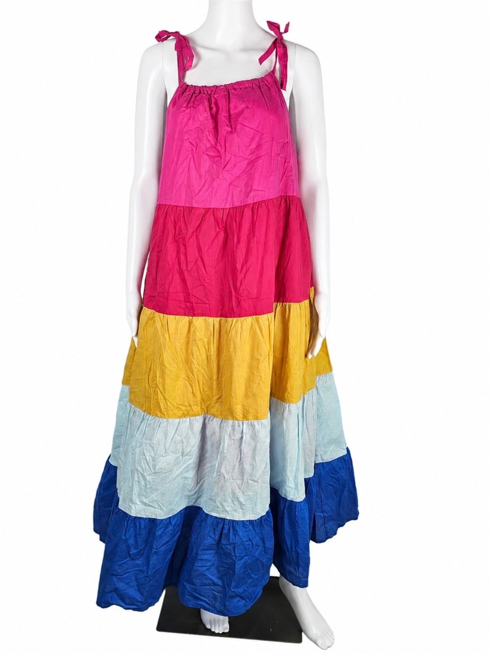 Lovely Melody Colorblock Tiered Maxi Dress in Hot Pink, Yellow & Blue